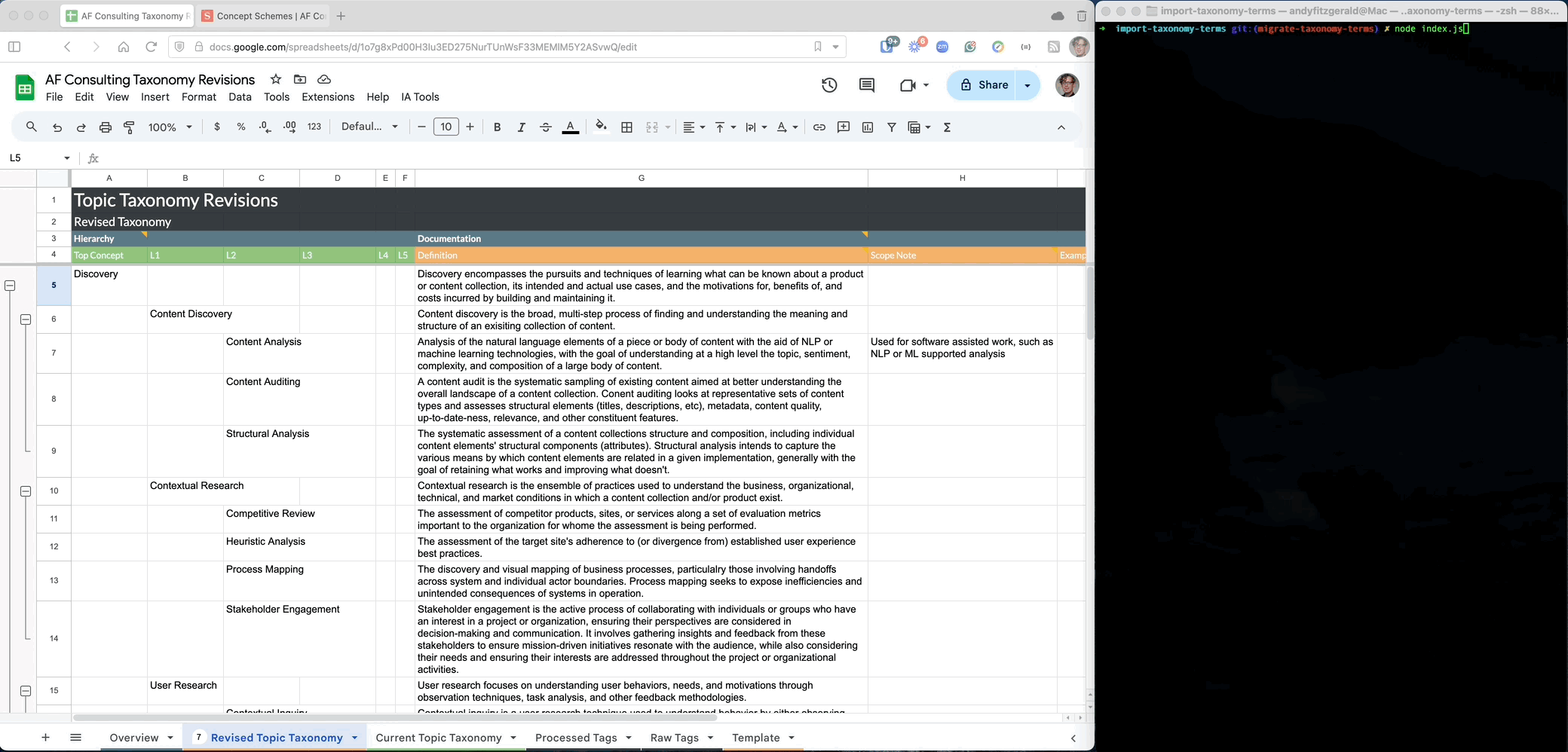 An animation showing the draft taxonomy in a spreadsheet, a script running in a terminal window, and then the taxonomy available in Sanity Studio.