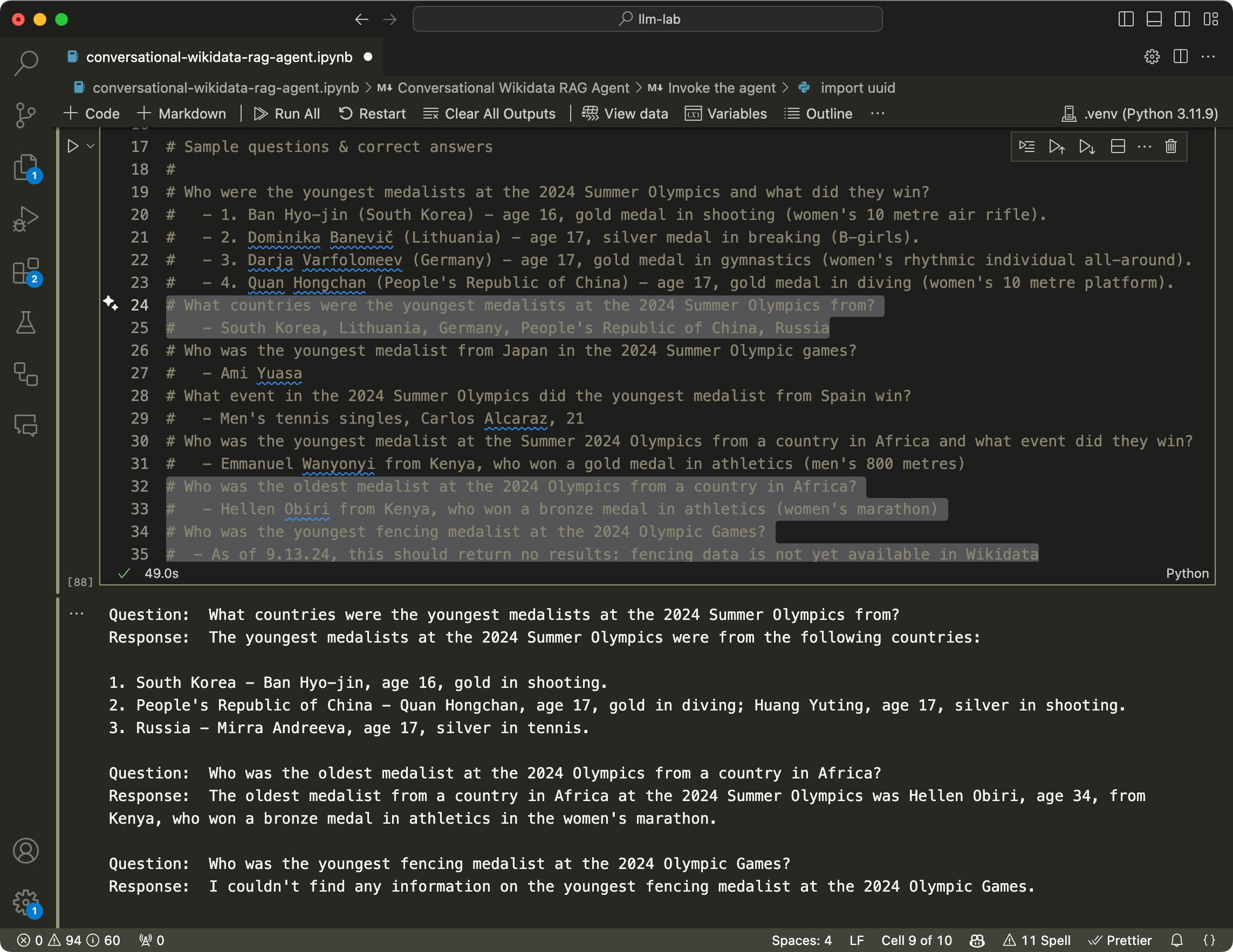 Screenshot of a VS Code window showing chat questions and responses that conform to the expectations of the sample questions and answers. 