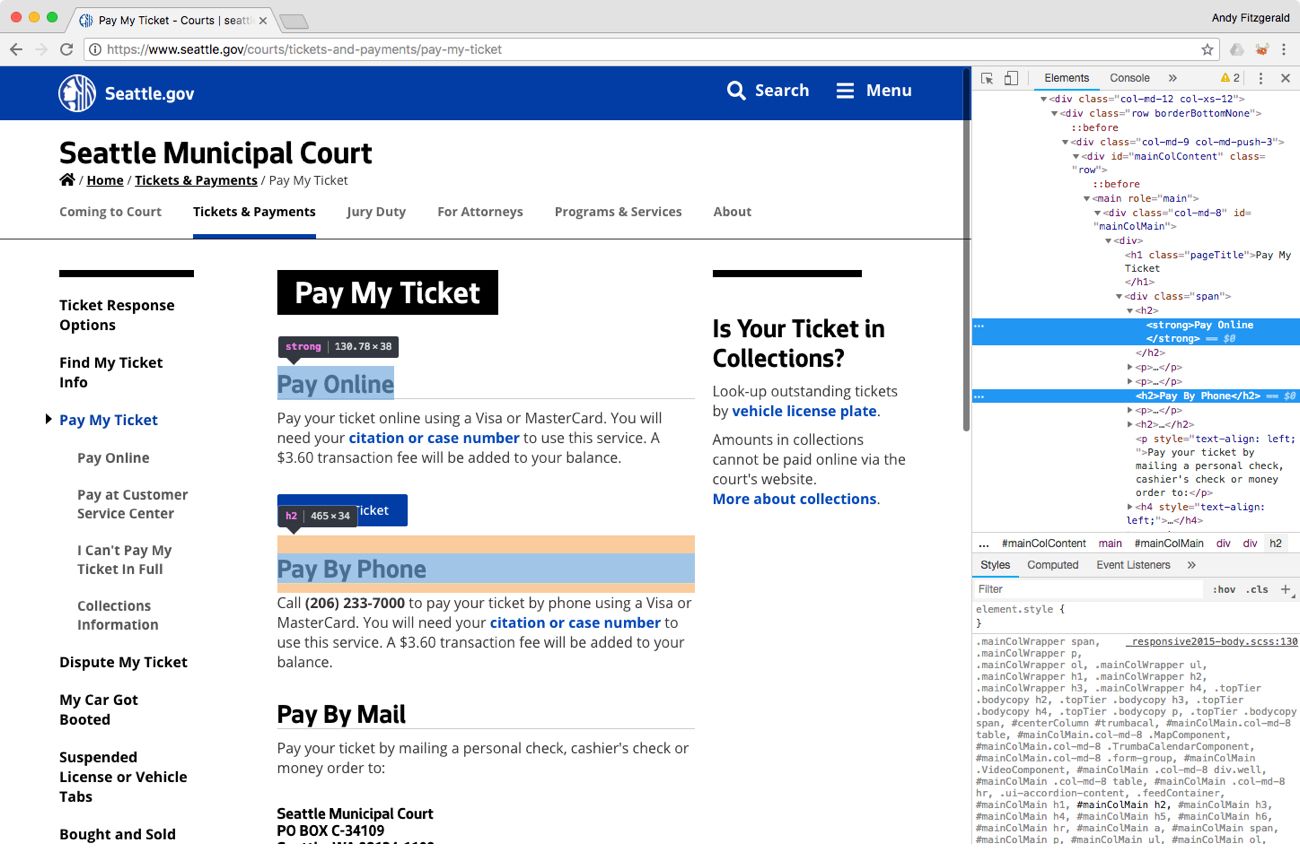 The City of Seattle website’s 'Pay My Ticket' page, with two HTML heading elements outlined and labeled for illustration, and an open inspector panel, where we can see that the headings look the same to viewers but are marked up differently in the code.