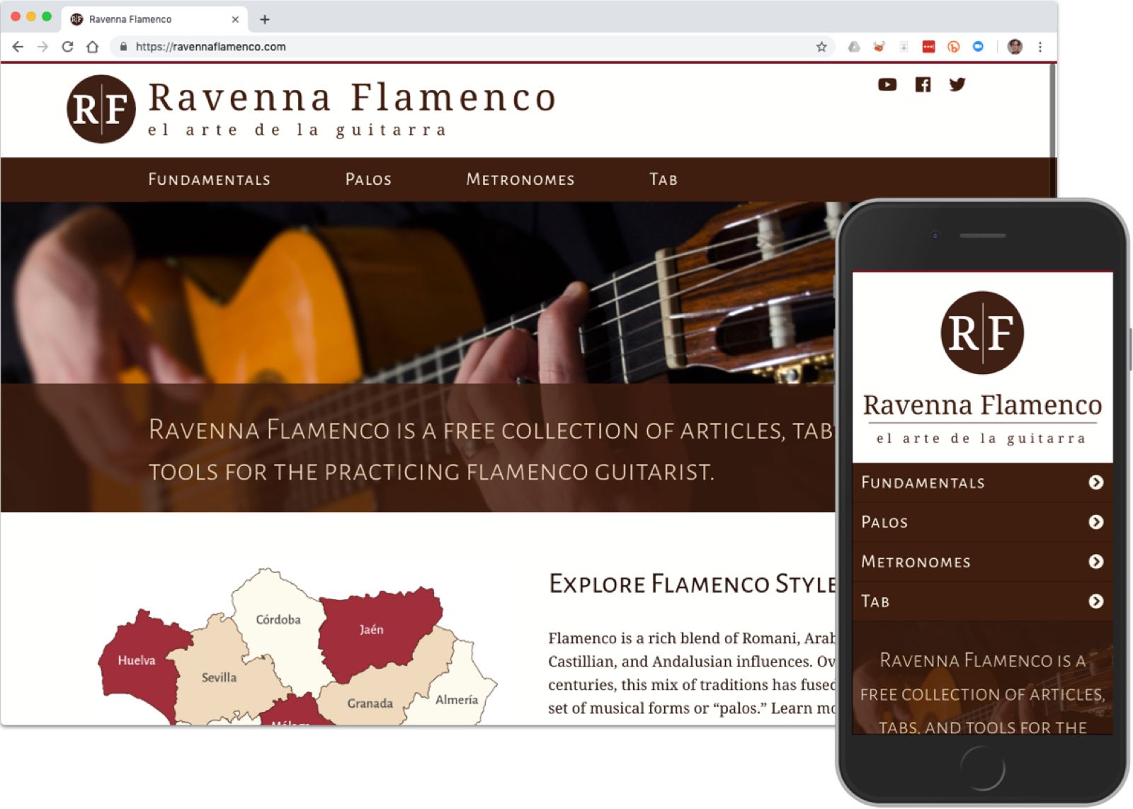 Screenshots of the redesigned Ravenna Flamenco home page on desktop and mobile