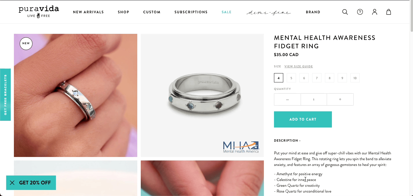 Pura Vida product page for their Mental Health Awareness Fidget Ring