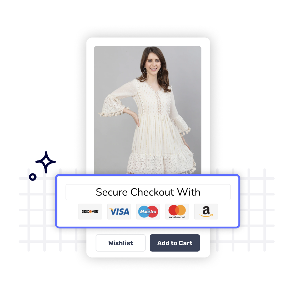 Example of ModeMagic's trust packs over an image of a white dress with the option to add it to cart