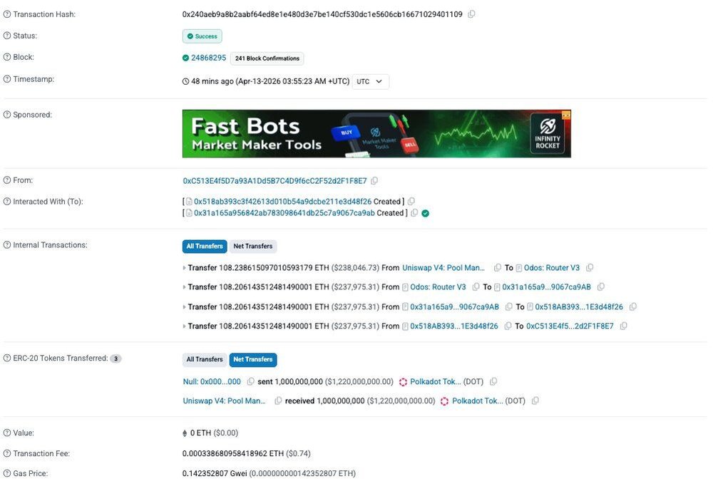 Etherscan transaction detail showing the Hyperbridge DOT exploit, 1B DOT mint and 108.2 ETH outflows