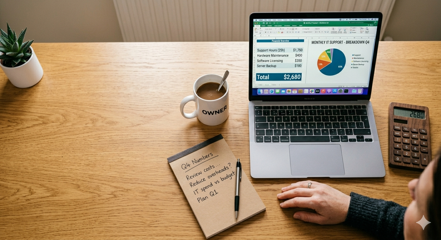 A small business owner reviewing an IT support cost breakdown on a laptop