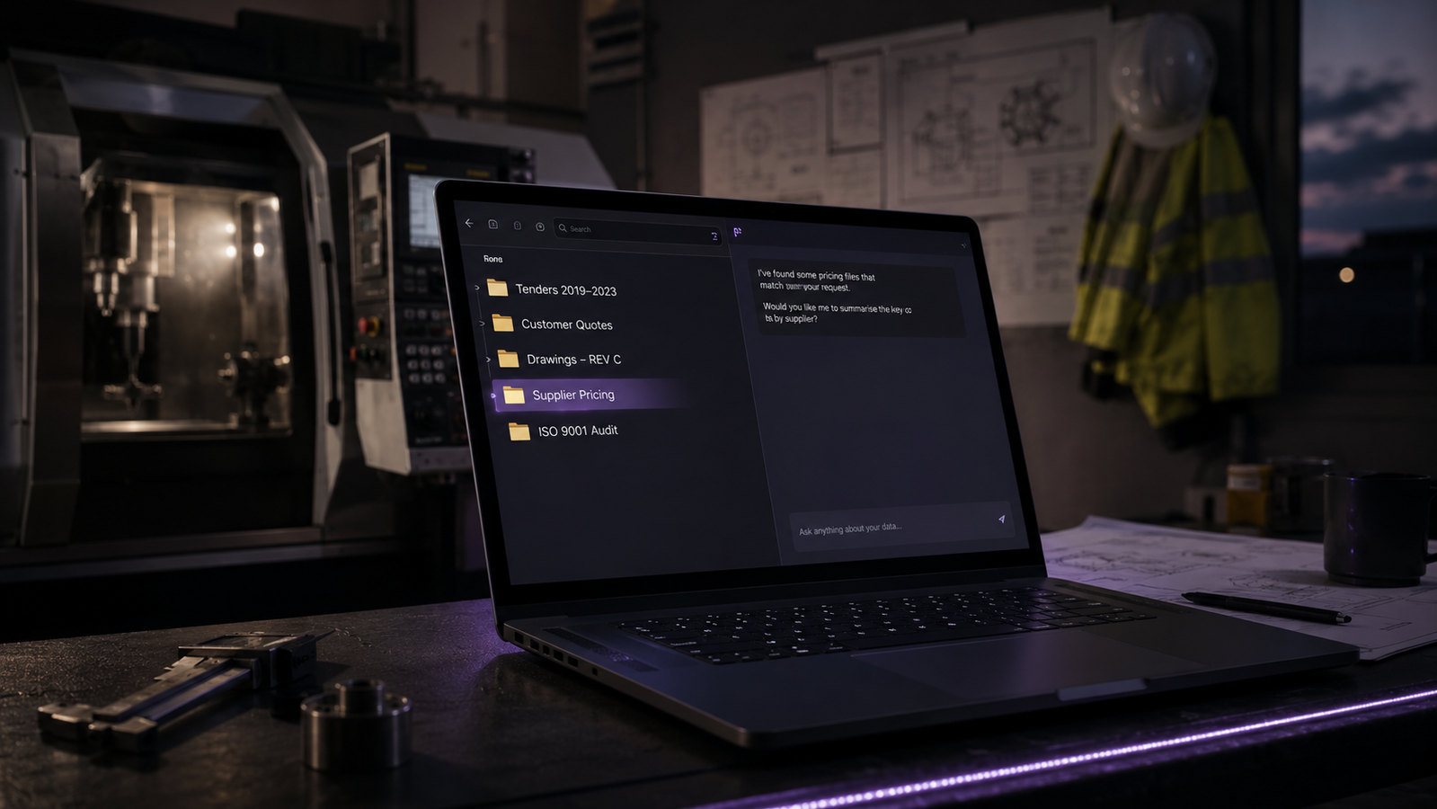 An engineer reviewing technical drawings on a laptop beside a CNC machine, illustrating a safe Microsoft Copilot agent setup for a manufacturing business