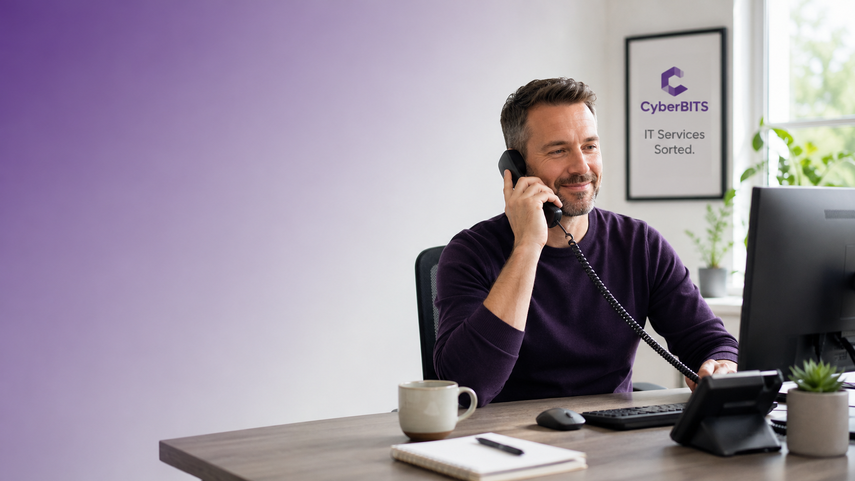 A small business owner working calmly at a single laptop by a window, conveying simplicity and being in control