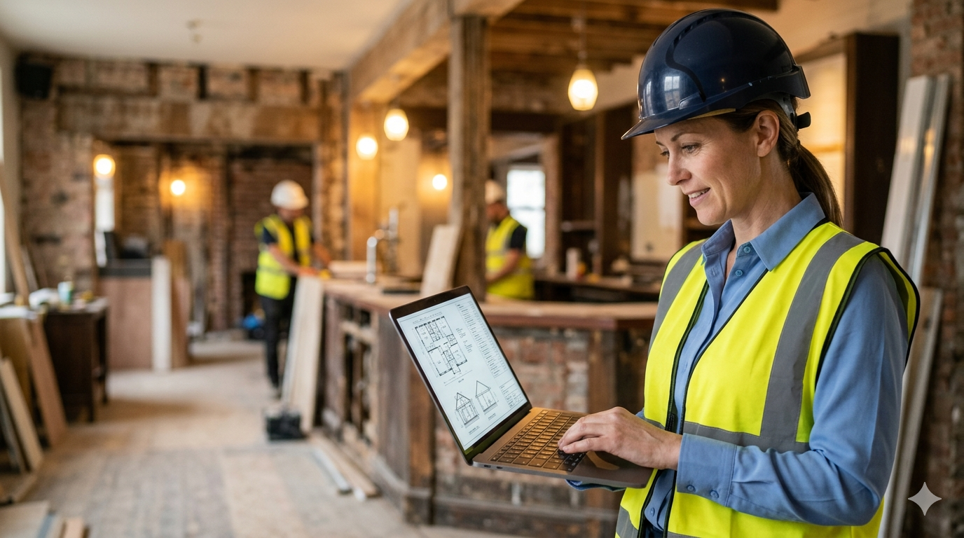 female architect on a laptop standing in a public house mid renovation