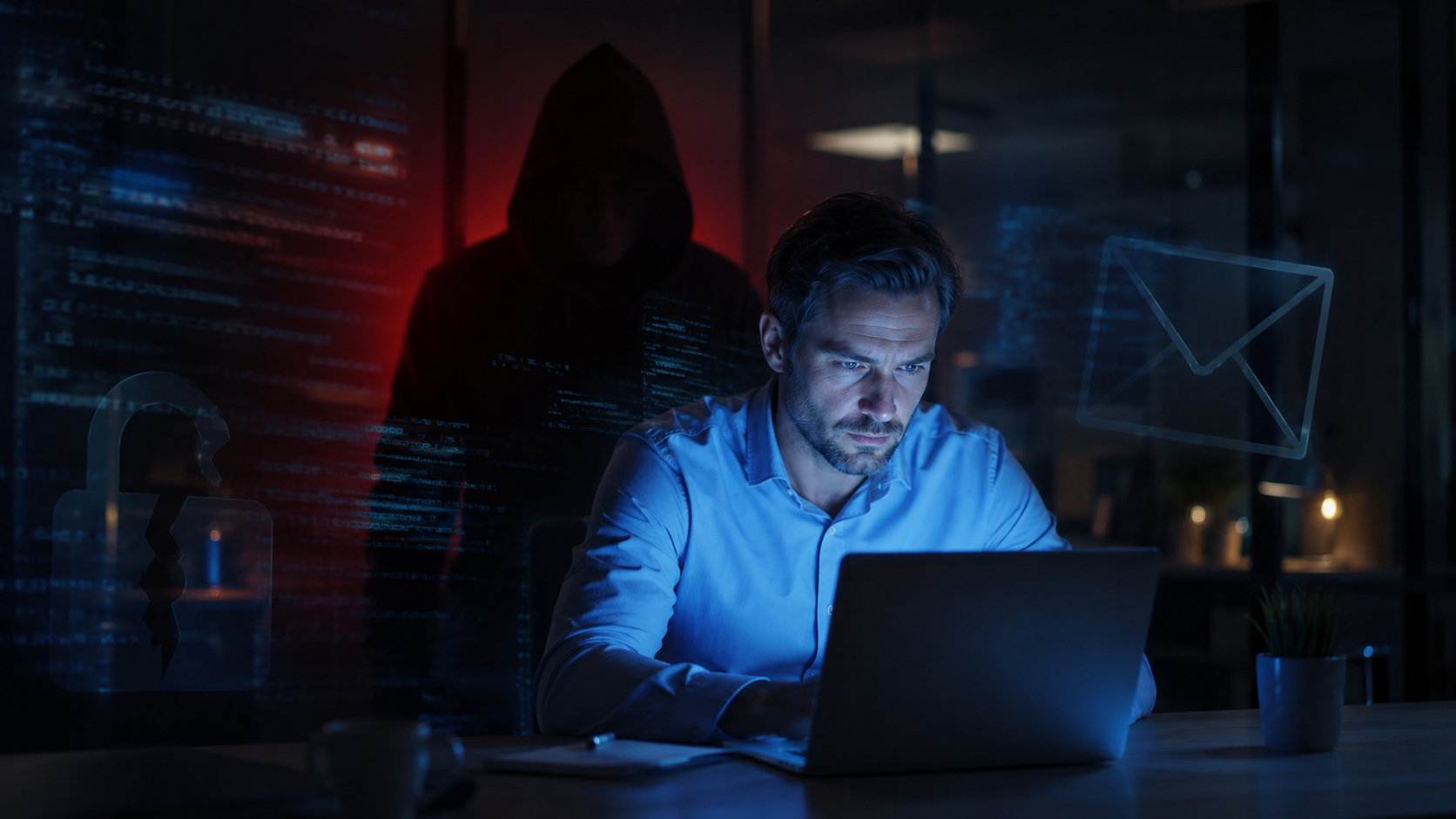 a business owner working on their computer with a shadowy figure watching their every move from over their shoulder.