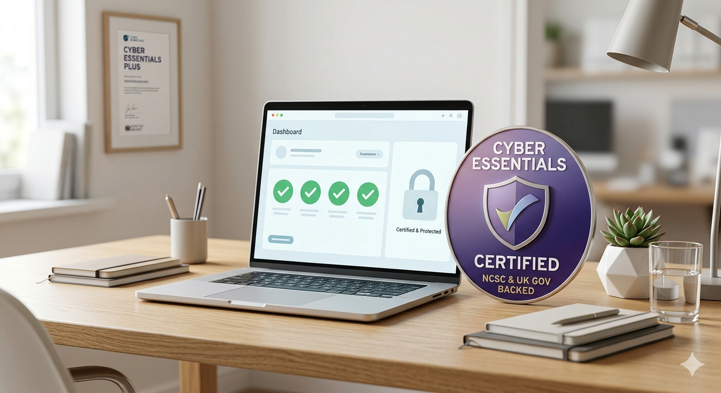 a laptop on a desk with the cyber essentials logo sitting next to it