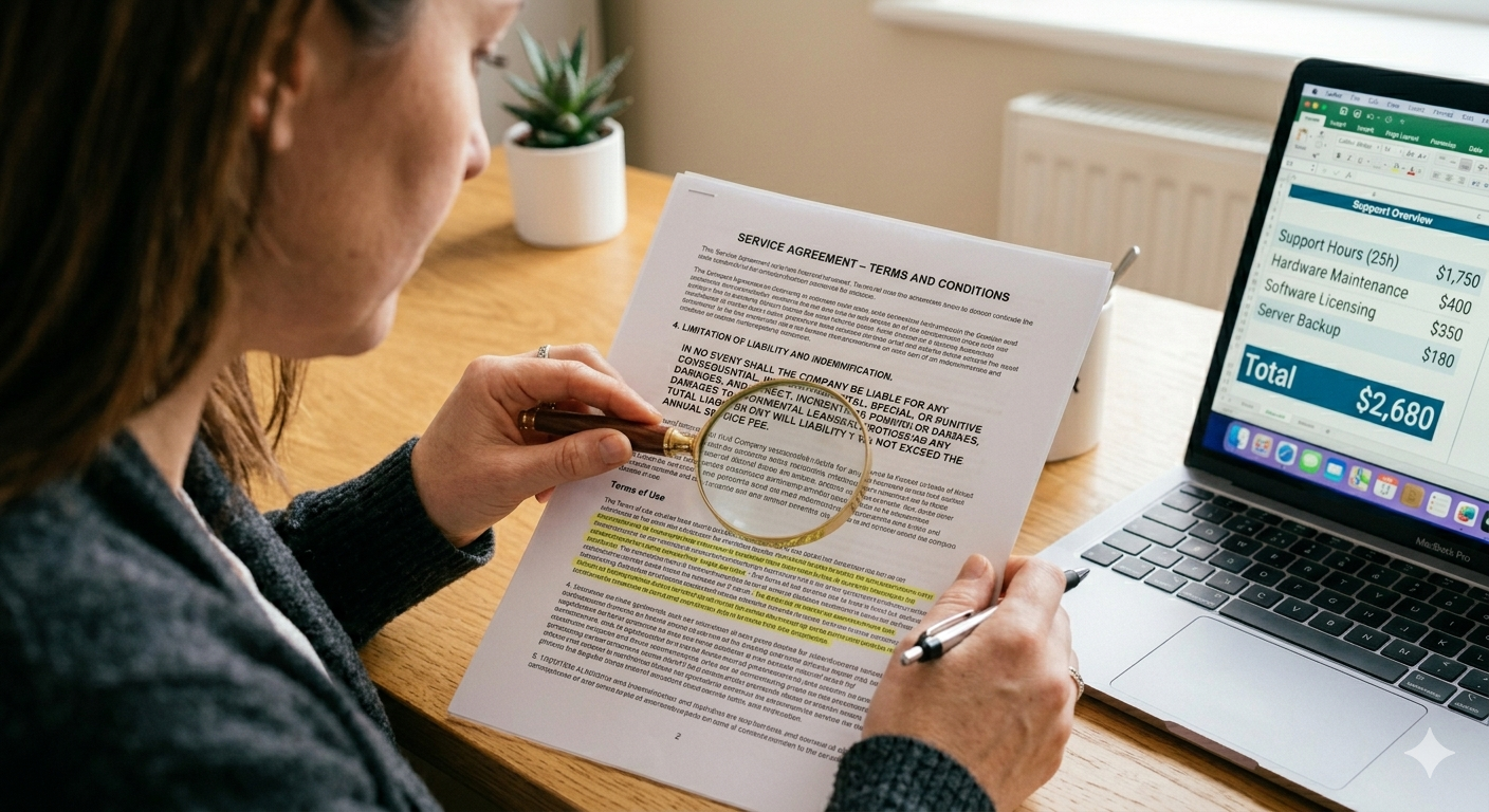 a lady reading the small print of a contract with a magnifying glass