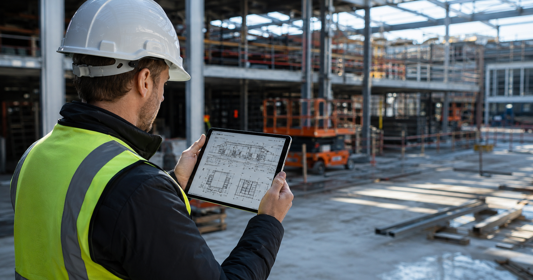 An architect reviewing engineering drawings on a tablet on a building site, illustrating Egnyte's mobile file access for construction professionals