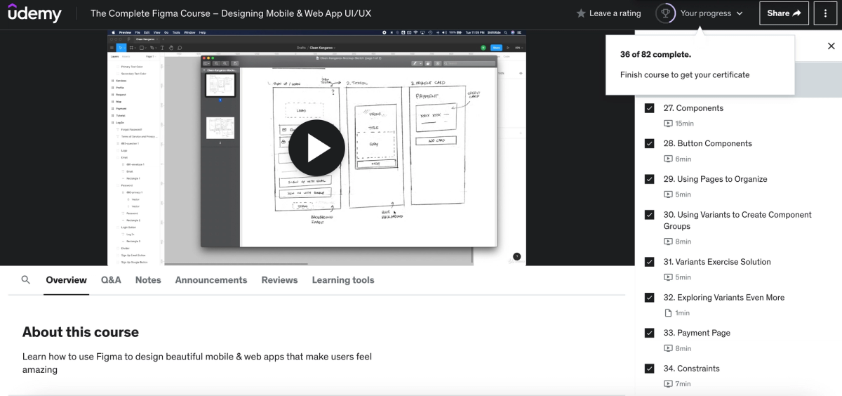 Udemy shows in course dashboard the progress of learning.