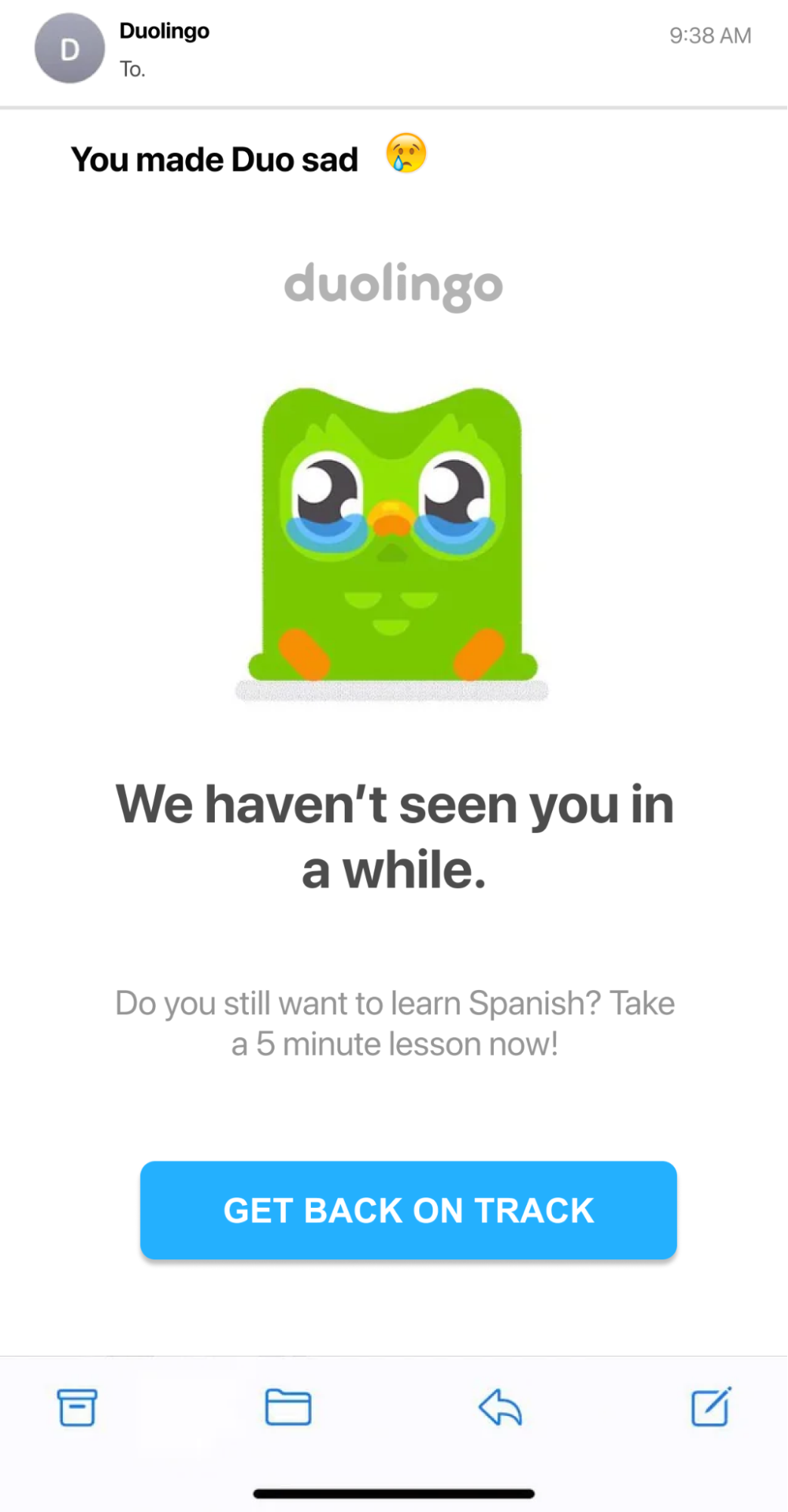 The screen of Duolingo app with sad owl and text: We haven't seen you in a while.