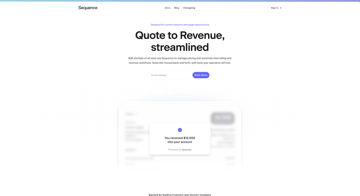 Sequence homepage with bold letters and simple animation