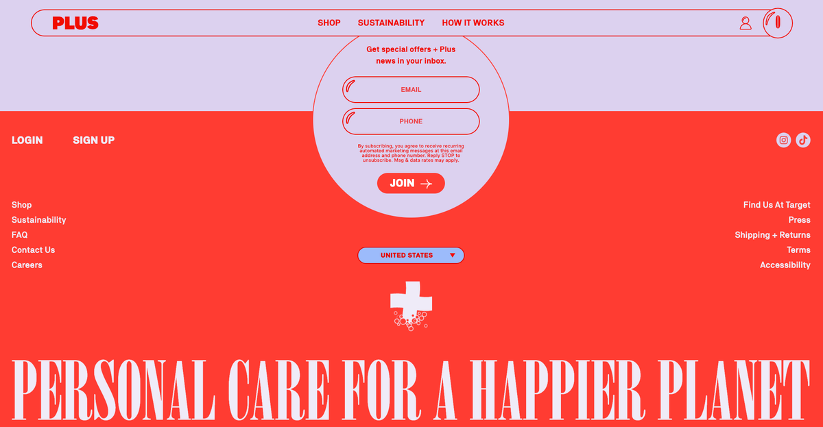 The neubrutalist website of Plus created with two colors, red and pink, and modern typography.