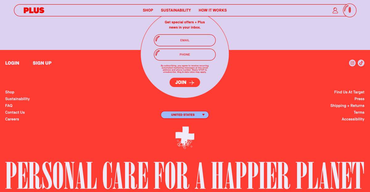 The neubrutalist website of Plus created with two colors, red and pink, and modern typography.