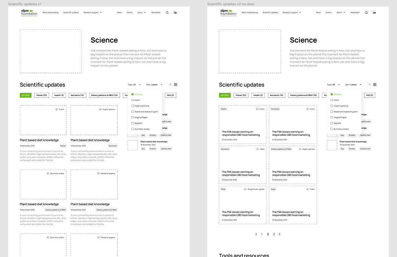 Wireframes of Alpro Foundation's new website 