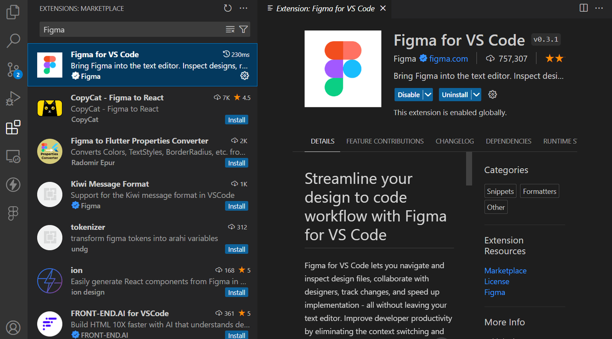 Installation process of Figma for VS Code.