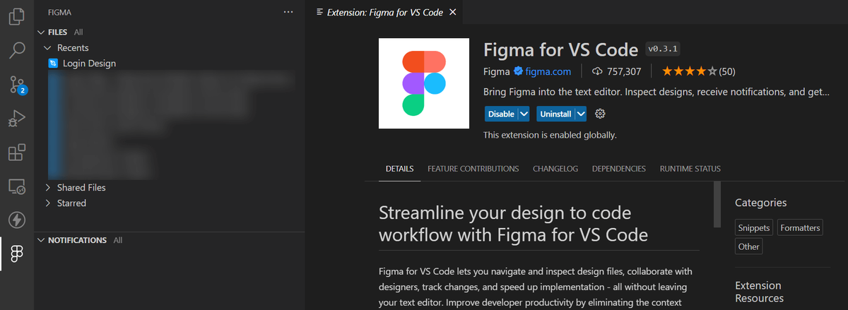 View of recent designs in Figma for VS Code.