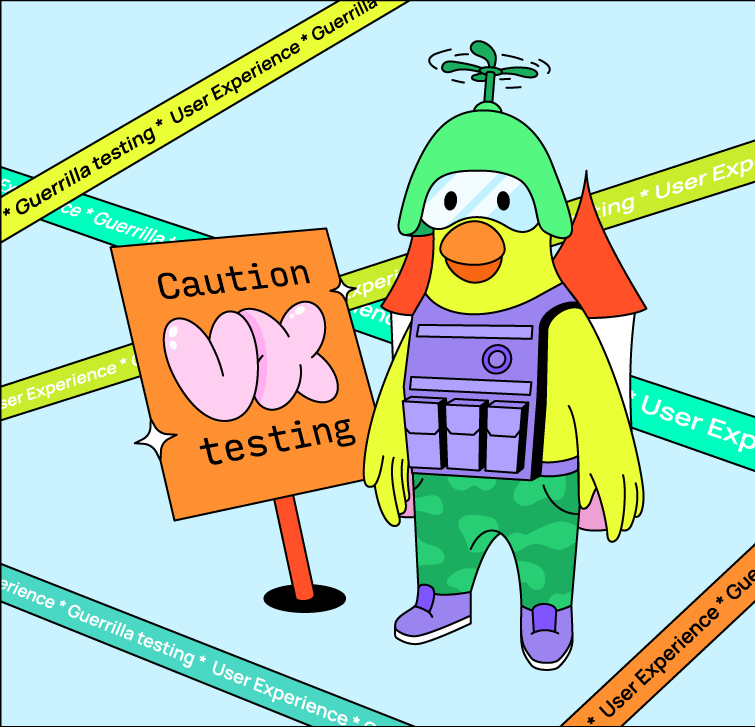 Dodo bird looks like guerrilla warior with the sign informing about UX testing.