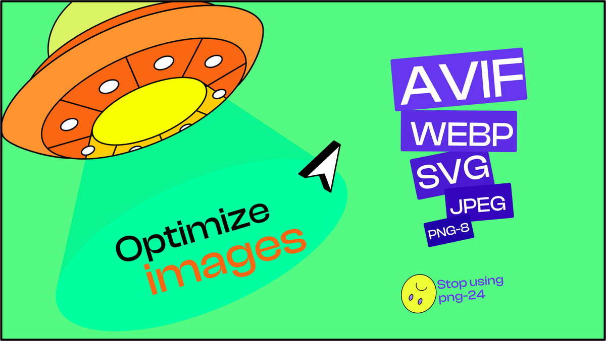 Alien ship with the light on the tagline "Optimize images" and different image formats names