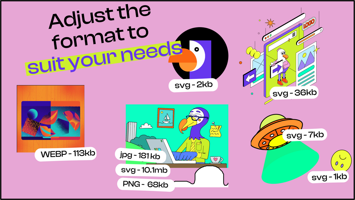 Different illustrations, their image formats, and their weights. 