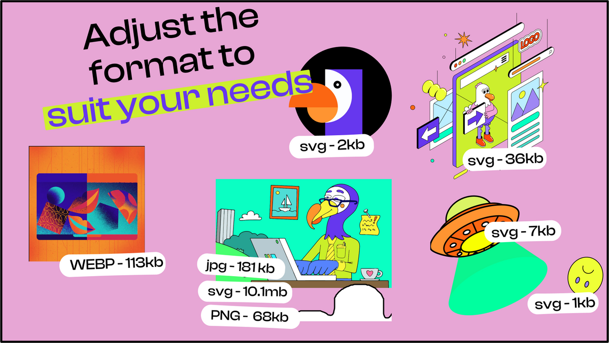 Different illustrations, their image formats, and their weights.