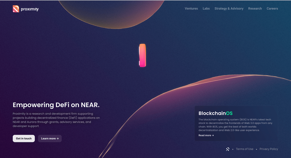 Proximity homepage with lines and shapes on the dark background.