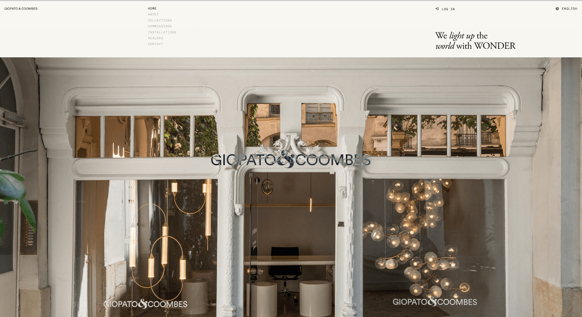 Giopato & Coombes homepage with with a view of the glass wall and lighting inside.
