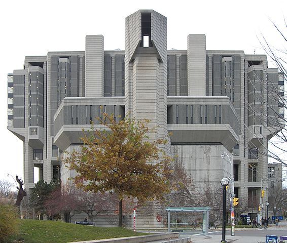 Architecture in brutalist style build of geometrical shapes and raw concrete material.