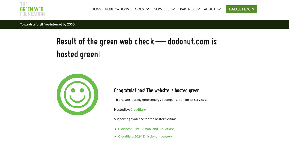 The Green Web Foundation website with results of positive scanning Dodonut.com for green hosting