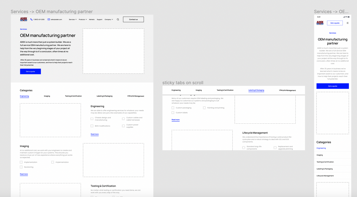 View of a few wireframes of the new website for ADEK company