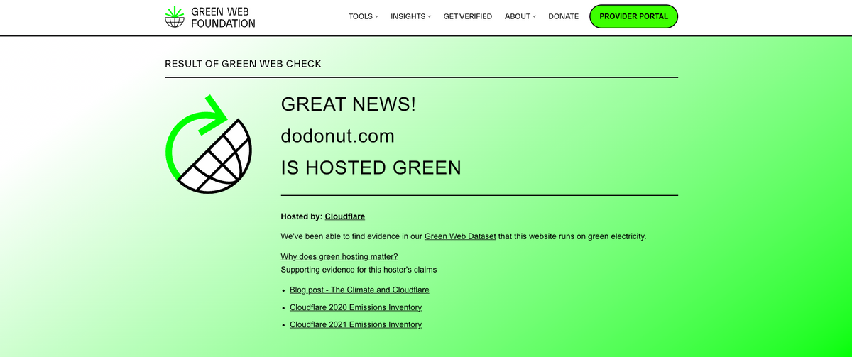 Green Web Foundation results show that Dodonut.com is hosted green