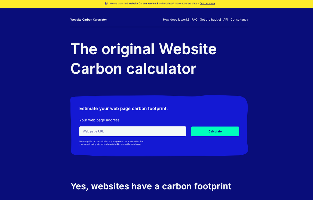 The screen of the homepage Website Carbon Calculator