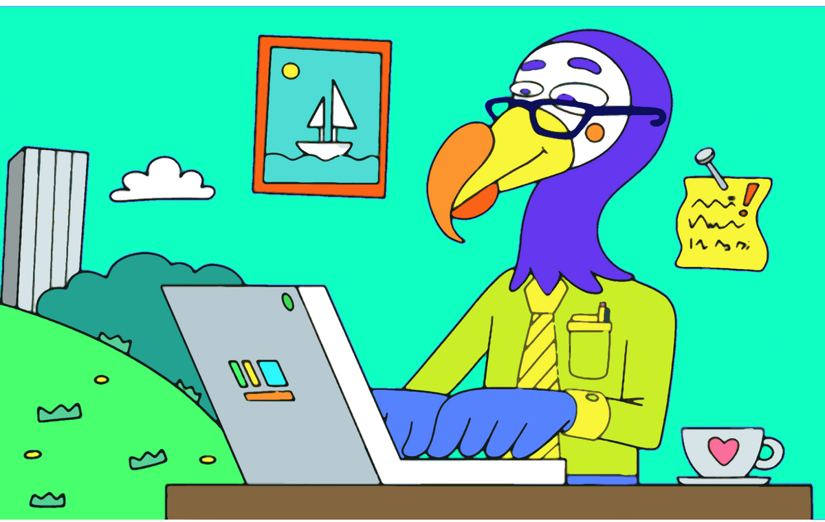 Dodo bird sitting in front of computer