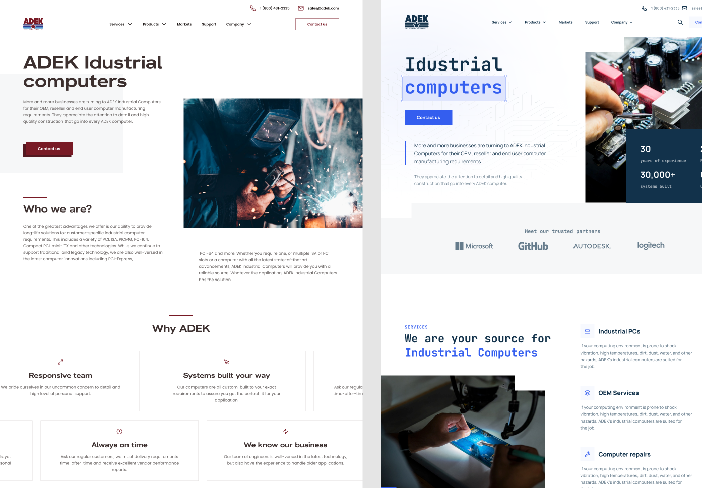 A compilation of two different new homepages for ADEK company