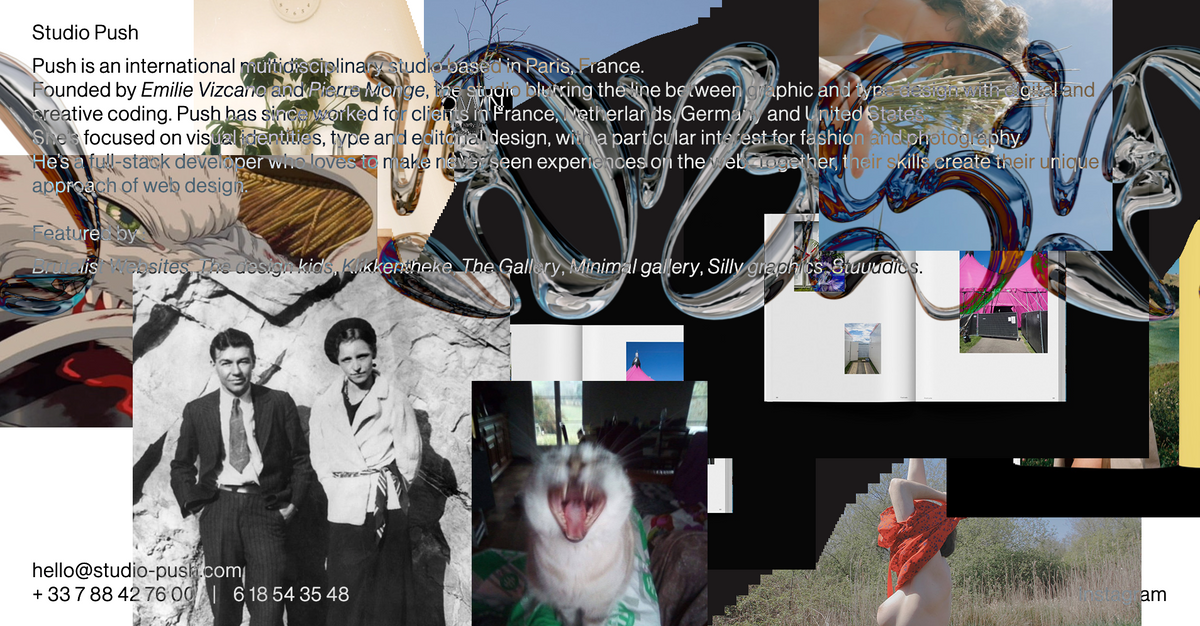 The brutalist website of Studio Push with collage of random pictures and text unreadable on it.