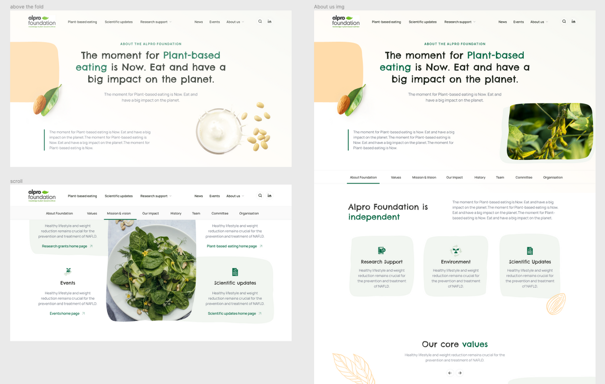 Two different versions of the homepage for Alpro Foundation