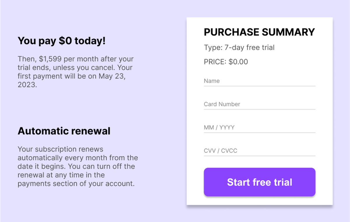 The view of purchase summary informing both about paying nothing at the moment with additional information below about automatic renewal.