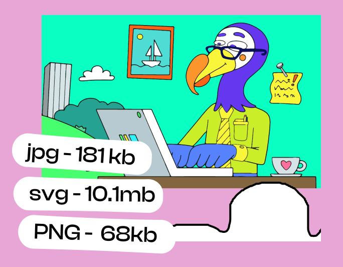 Dodo birds sitting and working in front of a laptop in the office, with the attached weight of many different image formats.
