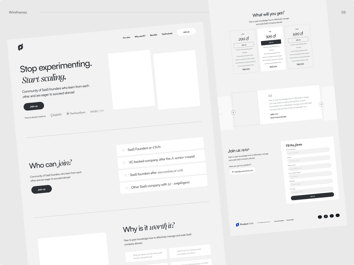 Product dots Wireframes