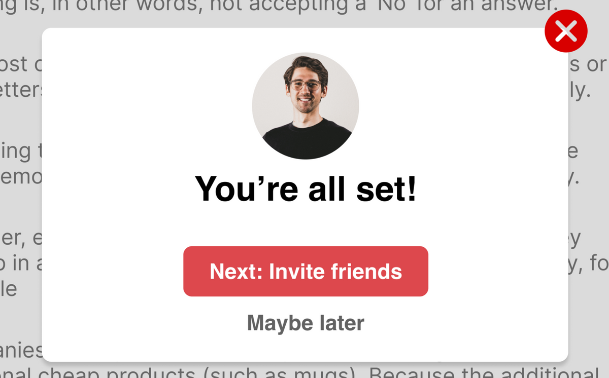 The window with user avatar, description 'You're all set!" and button: Next: Invite friends