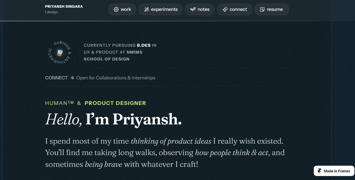 The homepage of Priyansh web portfolio