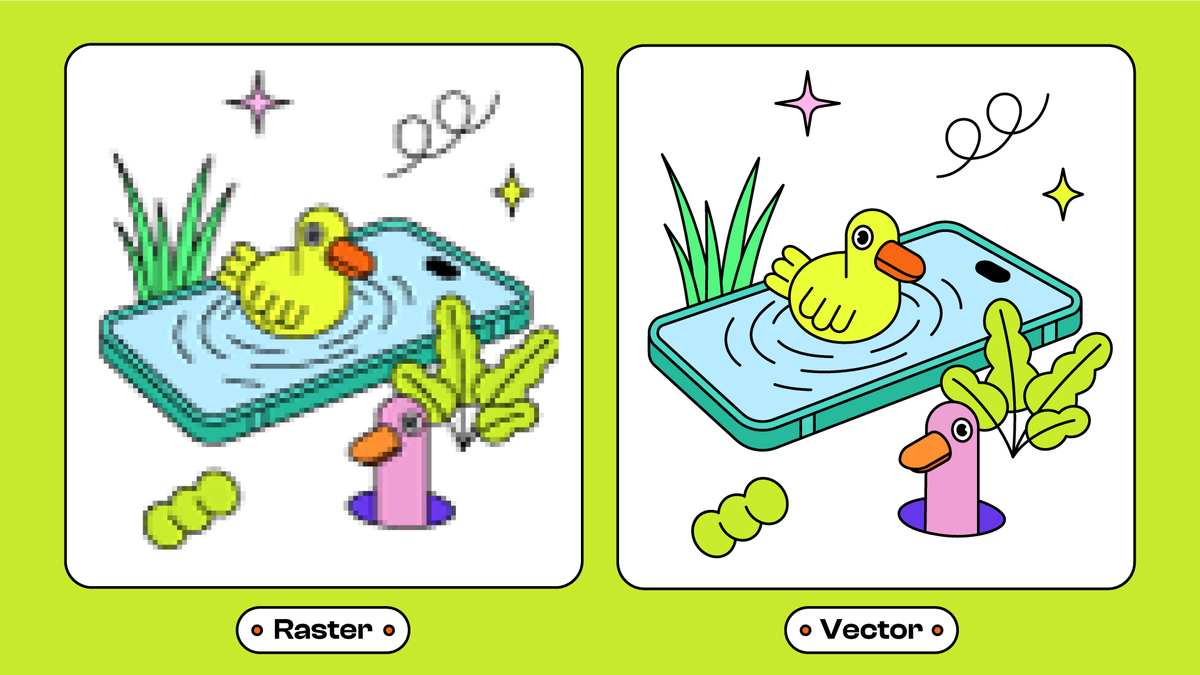 Two similar illustration of duck swimming on the mobile phone screen looking like water but one pixelated (raster) and another sharp (vector)