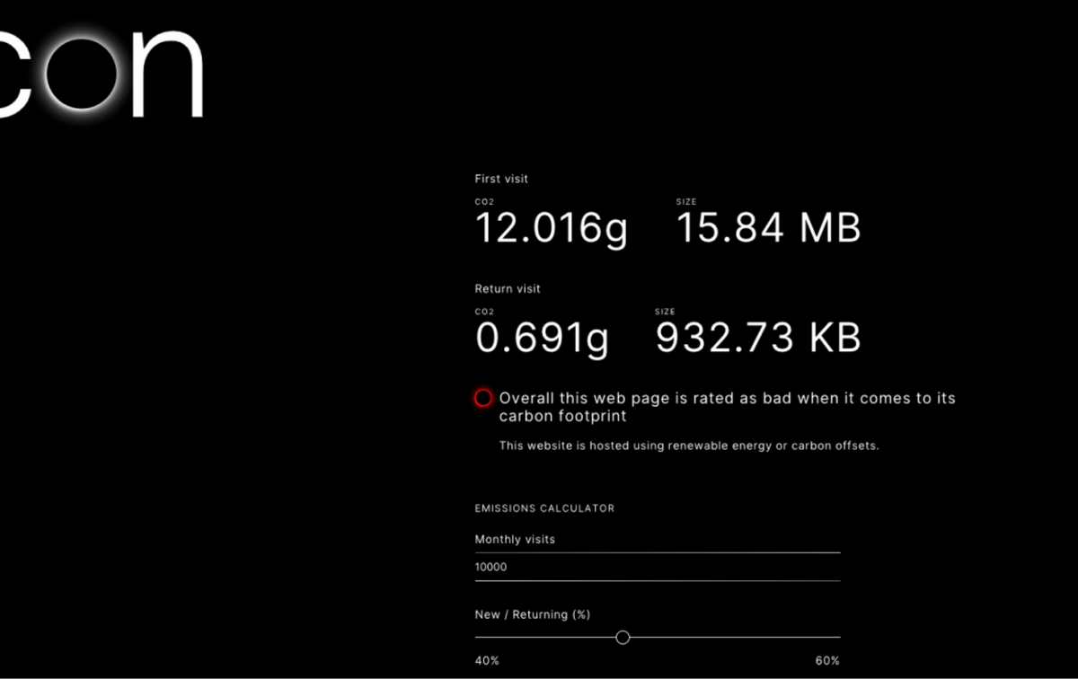 Digital Beacon screenshots with carbon footprint of competitor's page.