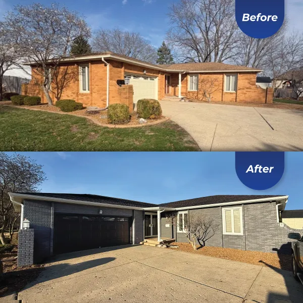 Residential home exterior before and after of a full brick, garage door, and front doors fully repainted.