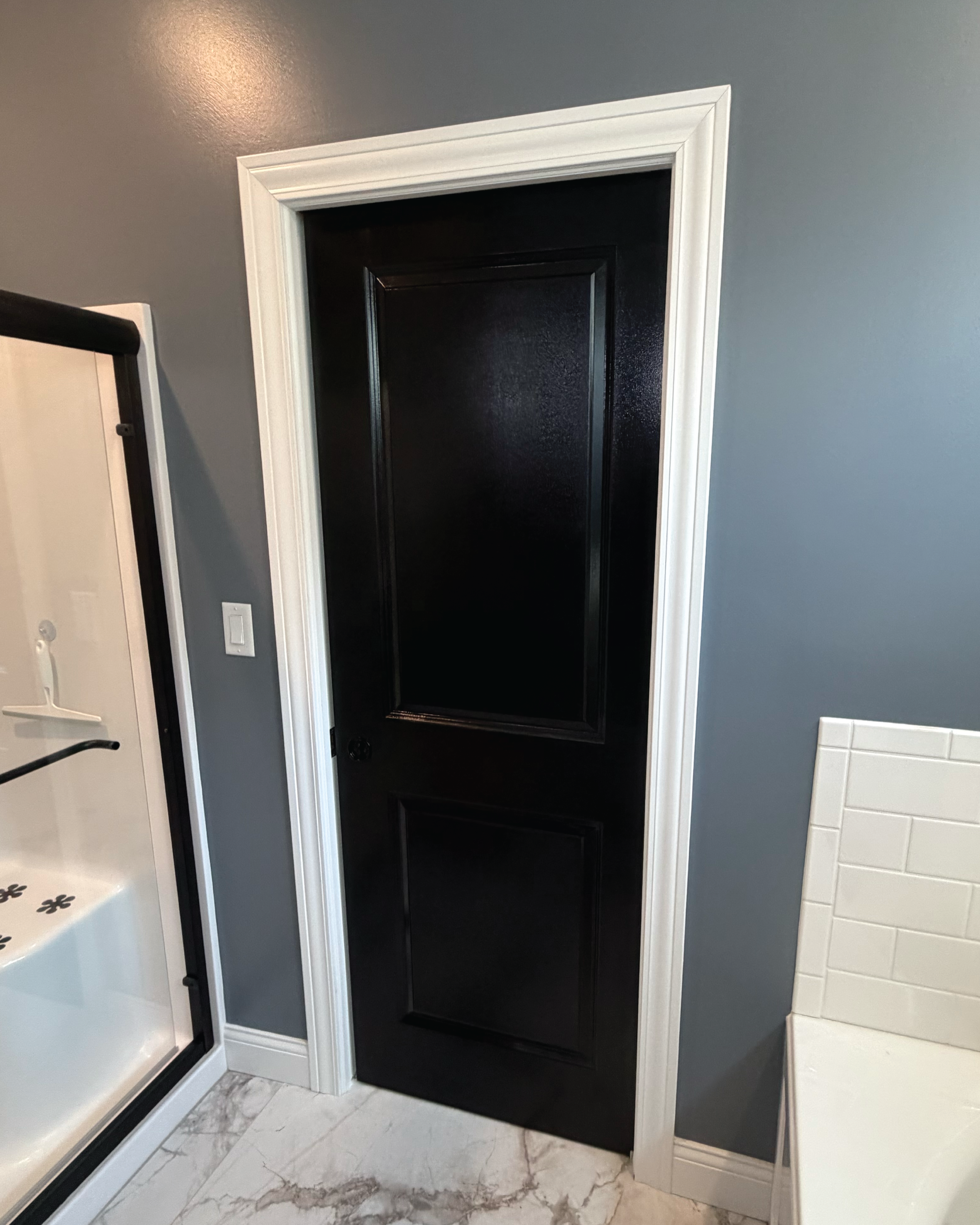 Residential home's bathroom door and wall repaint.