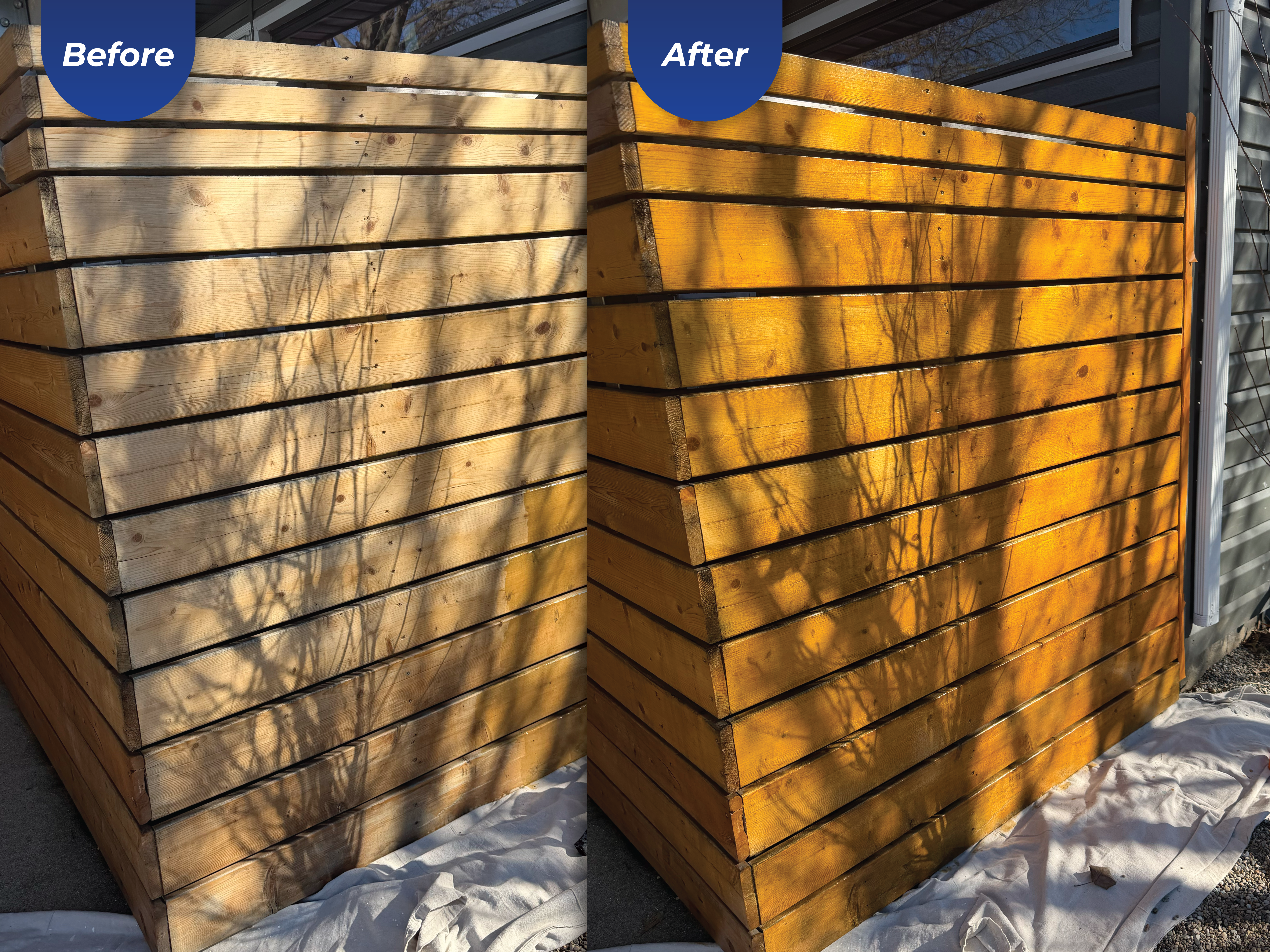Before and after of a residential home's fence restain.