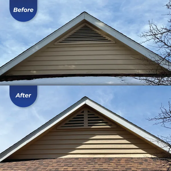 Residential home before and after of a exterior gable vent.