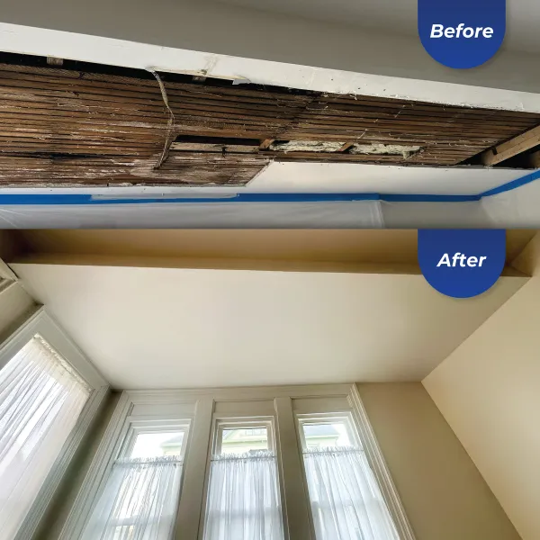 Before and after of a ceiling repair and repaint
